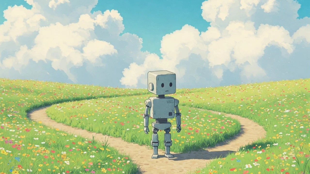 Un pequeño robot de pie en una bifurcación de un camino entre praderas con flores.